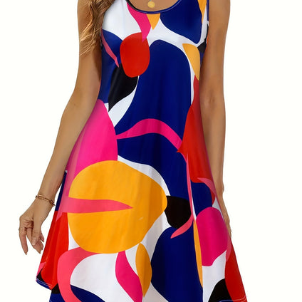 Graphic Print Crew Neck Tank Dress, Casual Sleeveless Dress For Spring & Summer, Women's Clothing