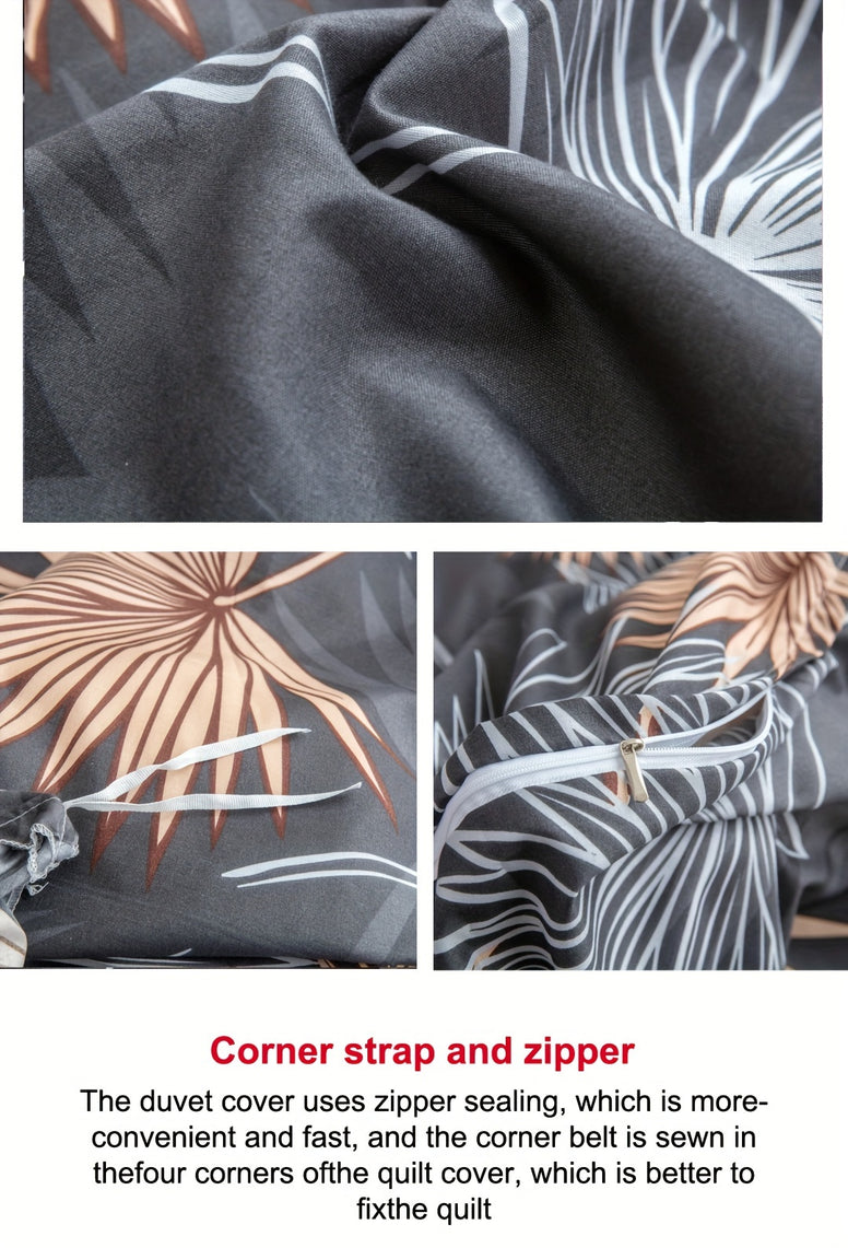 Elegant Dark Gray Leaf Duvet Cover Set