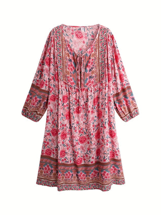 Plus Size Boho Dress, Women's Plus Floral Print Boe Knot Long Sleeve V Neck Slight Stretch Dress