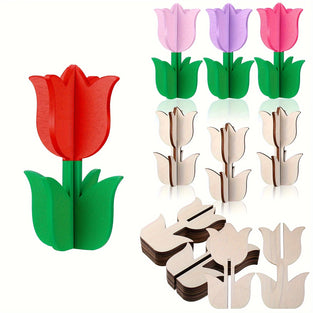 12 Pcs Unfinished Wood Tulip Cutouts - 3D Paintable Flower Slices for DIY Crafts, Home Decor, Party Favors