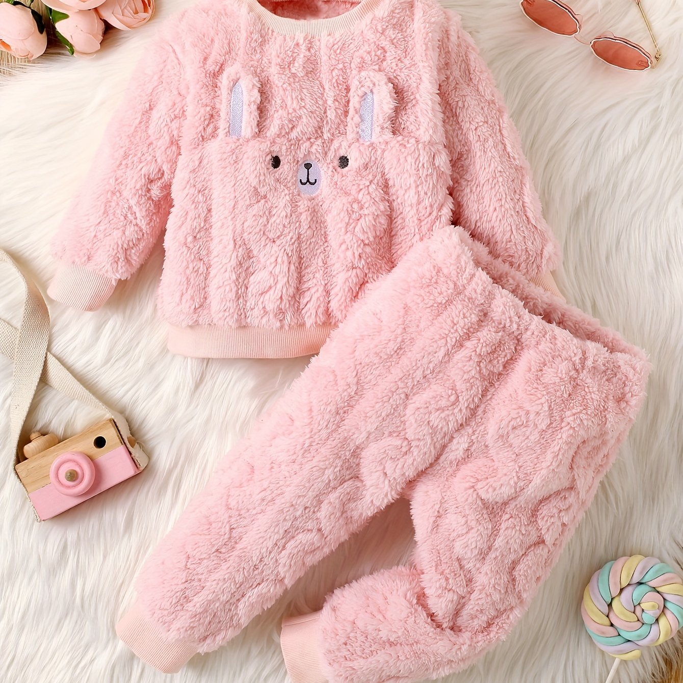 Bunny-Embroidered Flannel Pants Set: Adorable Autumn/Winter Clothes for Girls 0-3 Years Old