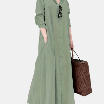 Ramadan Button Front Kaftan Dress, Casual Solid Long Sleeve Maxi Dress, Women's Clothing