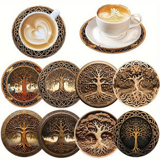 8pcs Minimalist Wooden Coaster Set with Tree of Life Design - Non-Slip, Heat-Resistant Drink Mats for Home & Office Decor