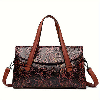 Elegant Vintage Floral Embossed Large Capacity Satchel For Women, PU Material With Detachable Strap, Commuter Handbag With Flap Closure