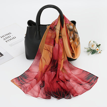 Lightweight Lotus Print Chiffon Scarf Thin Breathable Soft Cozy Long Shawl Elegant Casual Outdoor Sunscreen Head Wrap