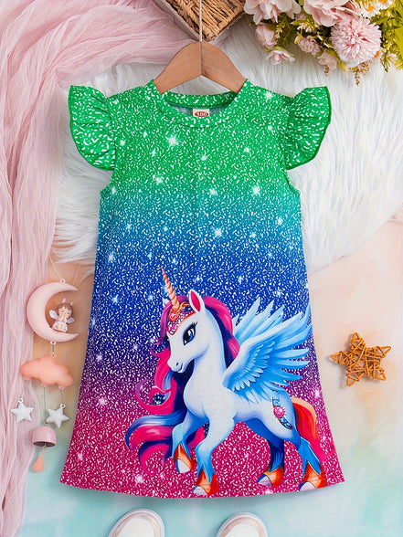 Sweet Girls Cartoon Princess Unicorn Graphic Flutter Trim Dress: Perfect for Summer Parties