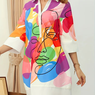 Graphic Print V Neck Dress, Elegant 3/4 Sleeve Dress For Spring & Summer, Women's Clothing