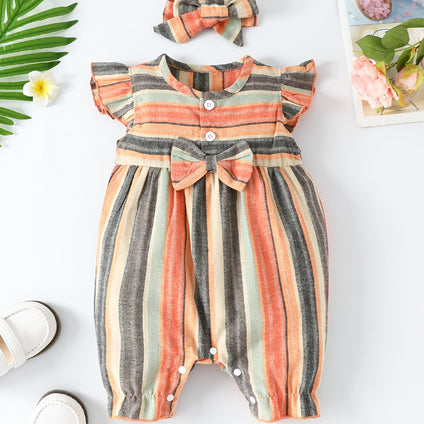 Adorable Baby Girls Casual Striped Romper with Bow Set for Summer Fun