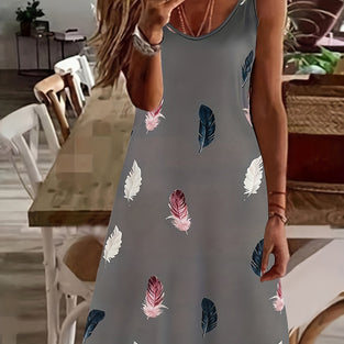 Feather Print Cami Dress, Sexy Sleeveless Summer Midi Dress, Women's Clothing