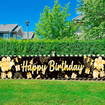 1pc, Happy Birthday Banner, Black And Golden Party Decoration Large Birthday Banner, Scene Decor, Festivals Decor, Home Decor, Corridors Decor, Offices Decor, Yard Decor