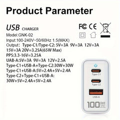 شاحن حائط GAN 100 وات 3 منافذ شحن سريع PD: محول سفر USB-C متعدد المنافذ للشحن السريع لهاتف Samsung S10/S9/S8 Plus وiPhone XS Max/XR وiPhone 11 والمزيد