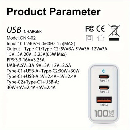 GAN 100W 3-Port Fast Charging PD Wall Charger: Fast Charging Multi-Port USB-C Travel Adapter for Samsung S10/S9/S8 Plus, iPhone XS Max/XR, iPhone 11 & More