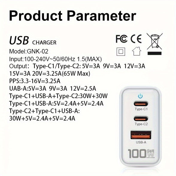 شاحن حائط GAN 100 وات 3 منافذ شحن سريع PD: محول سفر USB-C متعدد المنافذ للشحن السريع لهاتف Samsung S10/S9/S8 Plus وiPhone XS Max/XR وiPhone 11 والمزيد