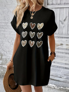 Heart Print Crew Neck Dress, Casual Short Sleeve Dress For Spring & Summer, Women's Clothing