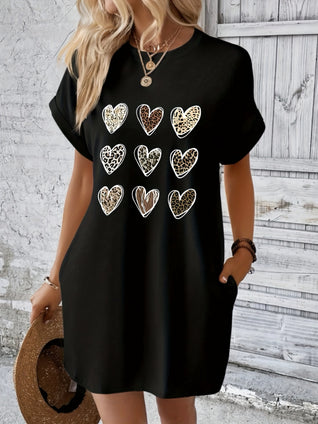 Heart Print Crew Neck Dress, Casual Short Sleeve Dress For Spring & Summer, Women's Clothing