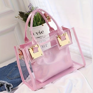 1pc Jelly Bag, Transparent PVC Beach Tote, Women's Shoulder Crossbody Handbag With Gold-tone Accents