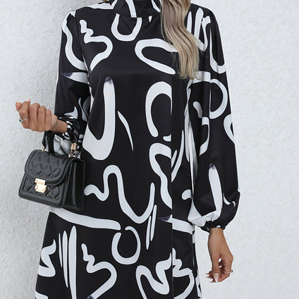 Abstract Print Mini Dress, Casual Mock Neck Long Sleeve Dress, Women's Clothing