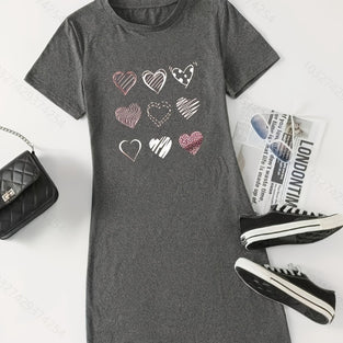 Heart Print Crew Neck Dress, Short Sleeve Casual Dress For Summer & Spring, Women's Clothing