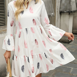 Feather Print Flare Sleeve Dress, Casual Notch Neck Loose Tiered Dress, Women's Clothing