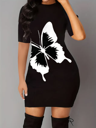 Butterfly Print Crew Neck Bodycon Dress, Casual Short Sleeve Dress For Spring & Summer, Women's Clothing