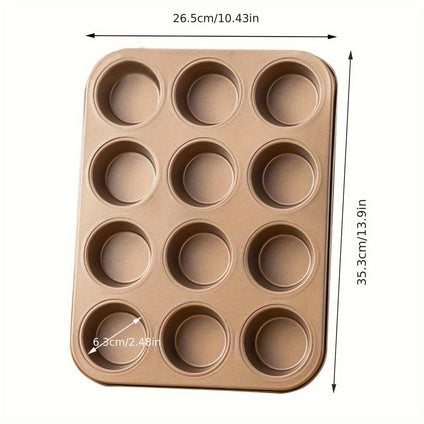 1pc, 12-Cavity Paper Cupcake Mold Golden Non-stick Carbon Steel Muffin Baking Pan Baking Supplies Halloween Christmas Party Favors Christmas Decor