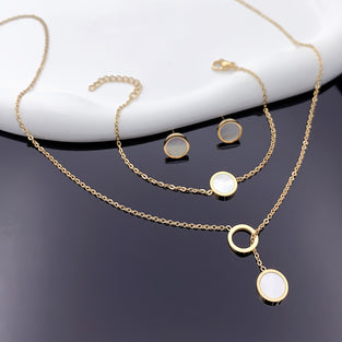 4pcs Round Shell Golden Stainless Steel Necklace Bracelet And Earrings Set, Birthday Holiday Gift, Clothing Decoration, Party Accessories