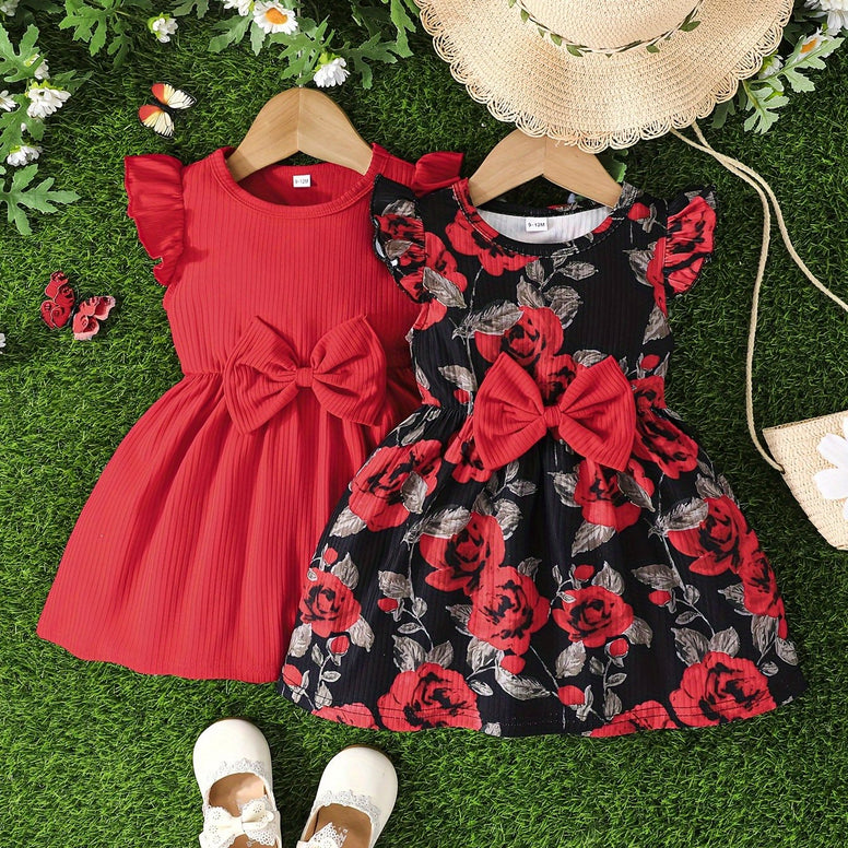 Adorable 2pcs Baby's Bowknot Decor Cap Sleeve Dress - Perfect for Baby Girls in Summer and Holidays