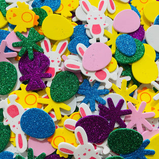 100pcs/pack Easter Eggs Glitter Foam Stickers Self-Adhesive Bunnies Flower Chicks Sticker Holiday Party Decoration Random Styles