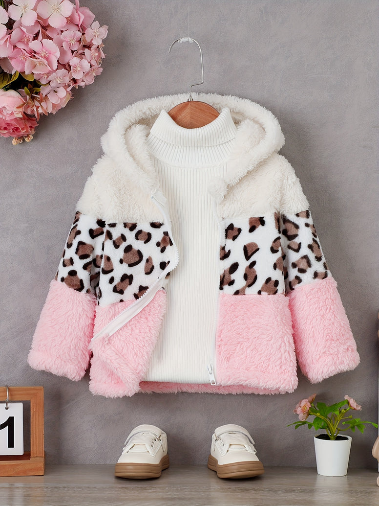 Trendy Leopard Splicing Fuzzy Jacket for Baby Girls