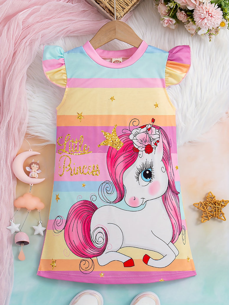 Sweet Girls Cartoon Princess Unicorn Graphic Flutter Trim Dress: Perfect for Summer Parties