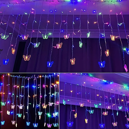 1pc Butterfly Curtain Fairy Tale Light, 3.5meter 96LED USB Plug Christmas String Lights, With Remote Timer 8 Modes Of Firefly Flashing Waterproof Butterfly Light, Outdoor Street Terrace Party Decoration (multi Color)