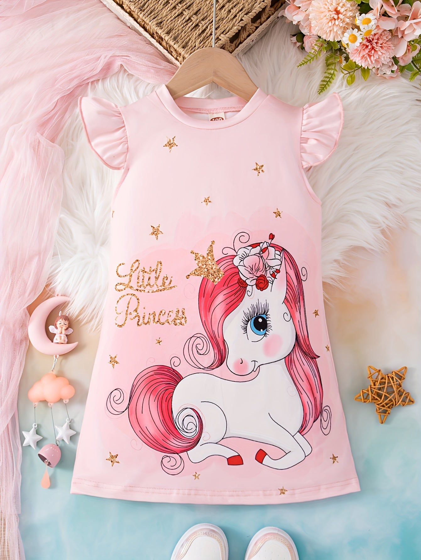 Sweet Girls Cartoon Princess Unicorn Graphic Flutter Trim Dress: Perfect for Summer Parties