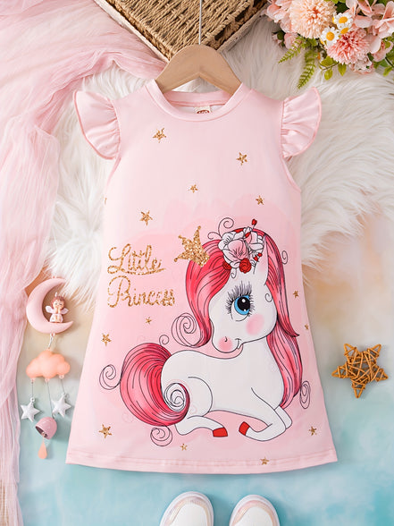 Sweet Girls Cartoon Princess Unicorn Graphic Flutter Trim Dress: Perfect for Summer Parties