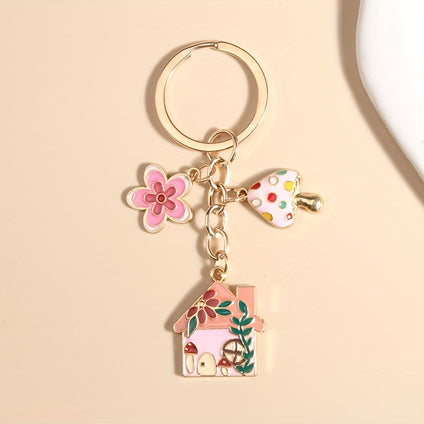 1pc Mushroom Flower Cabin Keychain Cute Metal Key Chain Ring Purse Bag Backpack Charm Car Hanging Ornament Earbud Case Accessories Women Female Gift