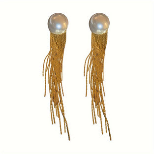 Elegant Golden Chain Tassel Earrings with Faux Pearls