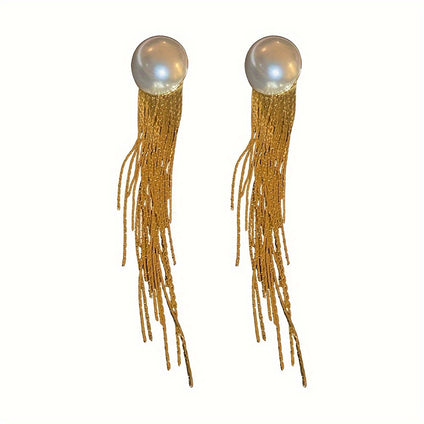 Elegant Golden Chain Tassel Earrings with Faux Pearls