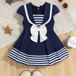 Baby's Preppy Style Bowknot Decor Short Sleeve Pleated Dress: Perfect Infant Toddler Girls Clothing for Summer & Spring