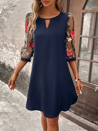 Floral Embroidered Mesh Splicing Dress, Elegant Cut Out Crew Neck Dress For Spring & Fall, Women's Clothing