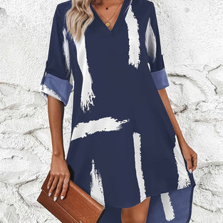 Brush Print Dipped Hem Dress, Casual Color Block V Neck Long Sleeve Dress, Women's Clothing