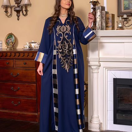 Ramadan Ethnic Floral Pattern Kaftan Dress, Elegant V Neck Long Sleeve Dress, Women's Clothing