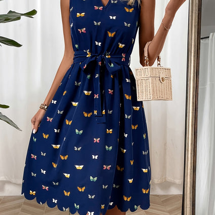 Butterfly Print Keyhole Crew Neck Dress, Casual Scallop Trim Sleeveless A-line Tank Dress For Spring & Summer, Women's Clothing