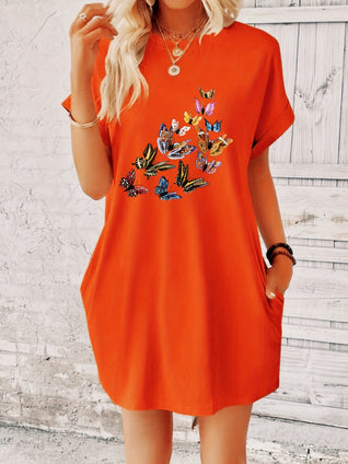 Butterfly Print Crew Neck Dress, Casual Short Sleeve Pocket Dress For Spring & Summer, Women's Clothing