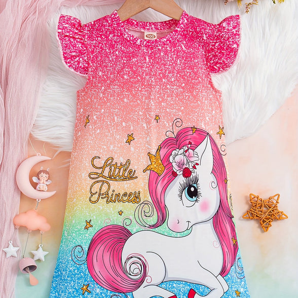 Sweet Girls Cartoon Princess Unicorn Graphic Flutter Trim Dress: Perfect for Summer Parties