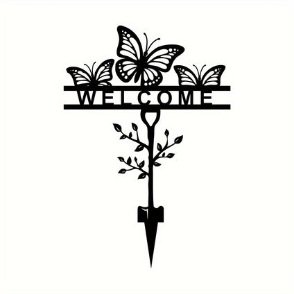 1pc Black Iron Butterfly Welcome Sign, Garden Stake, Decorative Cut-Out Metal Outdoor Yard Art, Rustproof Lawn Ornament, Modern 3D Design, Weatherproof Garden Decor