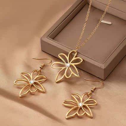 1 Pair Dangle Earrings +1 Pc Necklace With Hollow Flower Design Zinc Alloy Jewelry Set Elegant Leisure Style Creative Gift