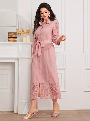 Contrast Lace Button Front Dress, Elegant Long Sleeve Tied Waist Collar Dress For Spring & Summer, Women's Clothing