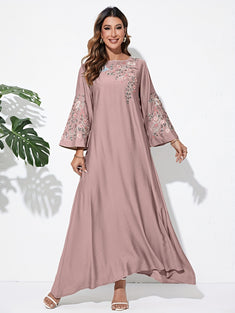 Ramadan Floral Embroidered Kaftan, Modest Crew Neck Flare Sleeve Robe, Women's Clothing