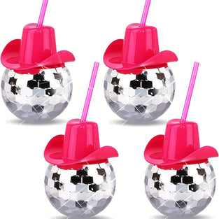 1pc Disco Ball Cup Pink Cowgirl Hat Cups With Straw, Mirror Ball Cups Disco Party Supplies Wine Cocktail Glass Drinking Tea Bottle For Nightclub Bar Party 600ml/21oz