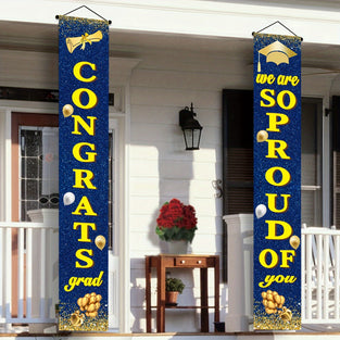 1 Pair Class Of 2024 Graduation Party Decorations Blue And Gold Congrats GRAD Porch Sign Banner For High School And College Graduation Party Decoration We Are So Proud Of You Background