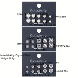 15 Pairs Fashion Round Square Zircon Pearl Stud Earrings 15 Pairs